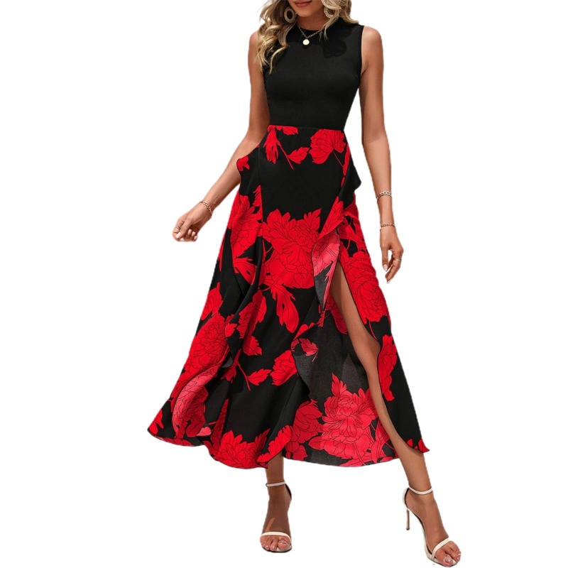 Xiangbao Đầm Midi Dài Phối Bèo Nhún In Hoa Xẻ Tà Cao Bên Hông Thời Trang Công Sở Nữ Tính