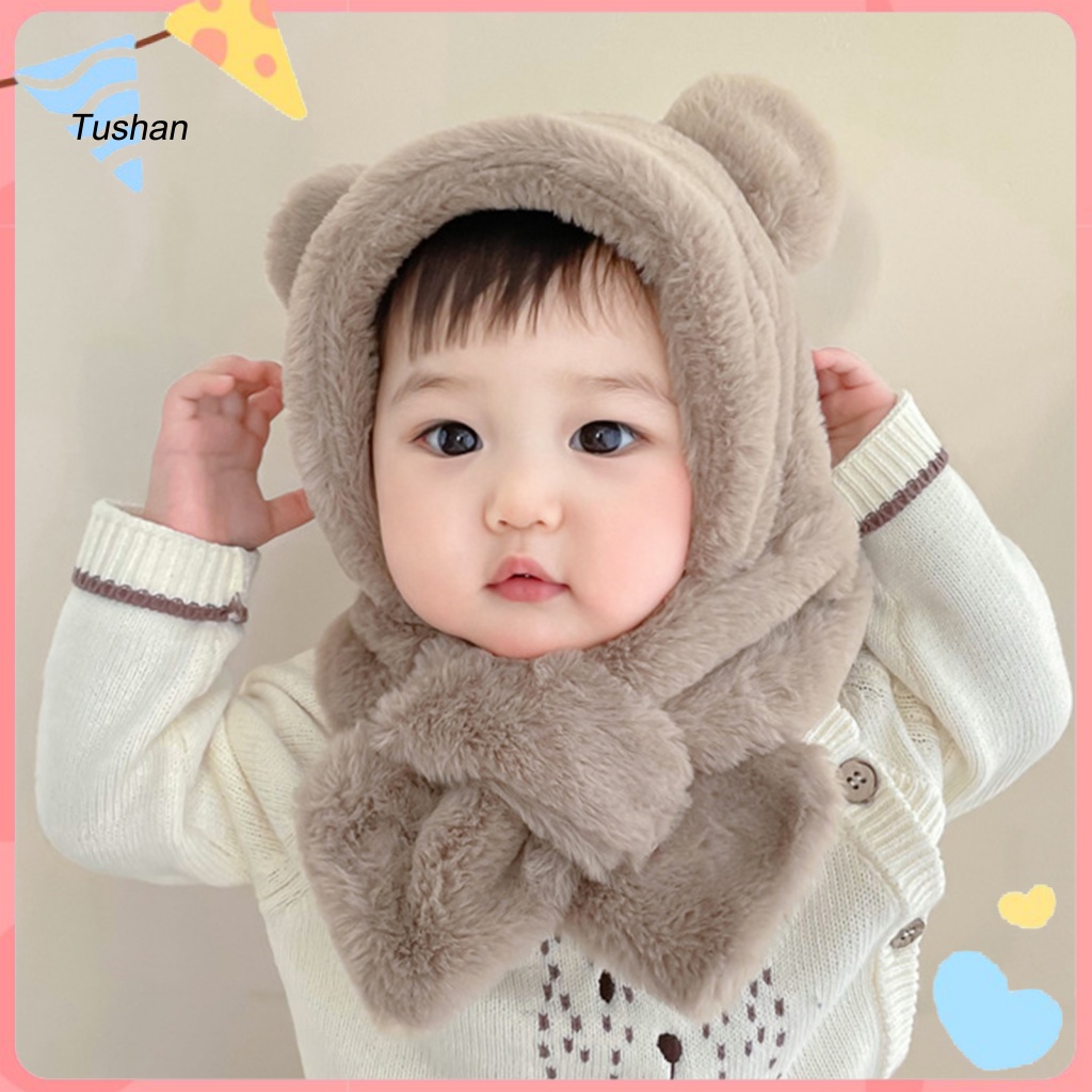 Mũ Flannel Dày Dặn Mềm Mại Màu Trơn Kèm Khăn Choàng Cổ Giữ Ấm Mùa Đông Cho Bé