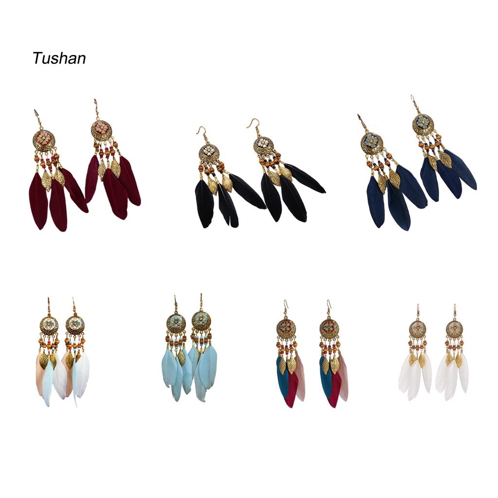 Set 2 Khuyên Tai Dáng Dài Đính Lông Vũ Thời Trang