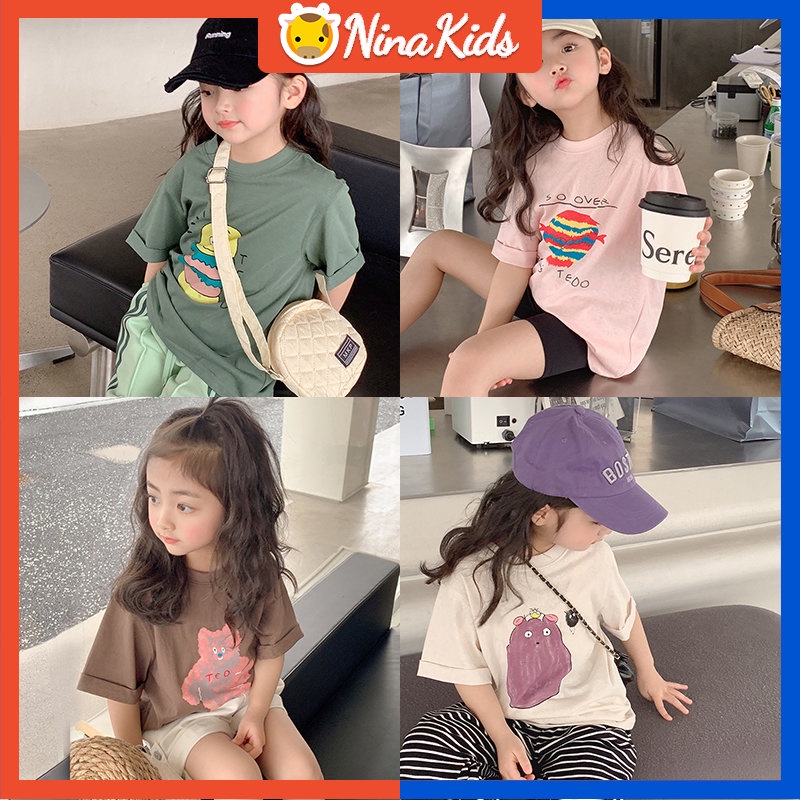Áo Thun Tay Ngắn In Họa Tiết Hoạt Hình Phong Cách Hàn Quốc Thời Trang Hè 2023 Cho Bé Gái 2-9 Tuổi