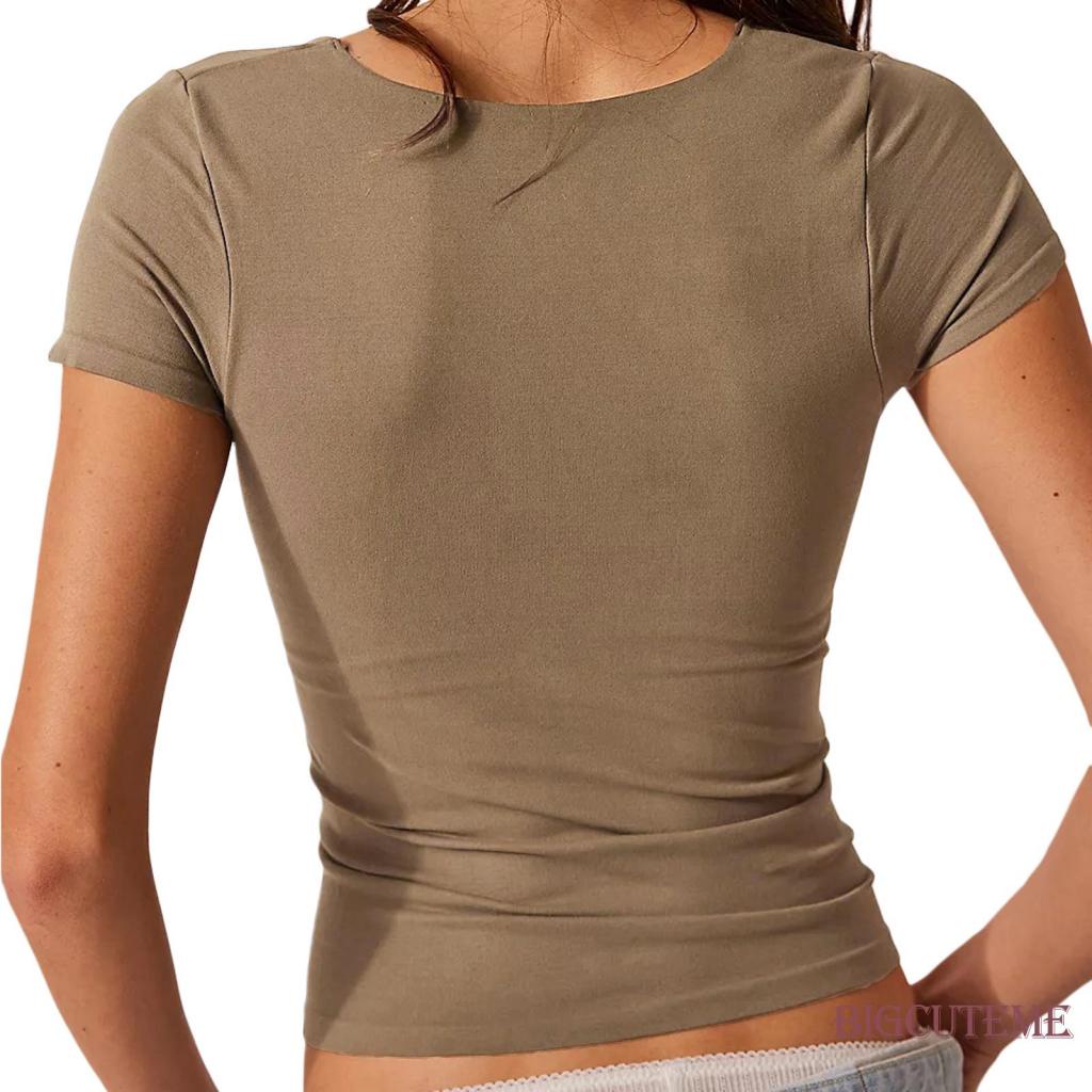 Áo Thun Tay Ngắn Cổ Vuông Màu Trơn Dáng Ôm Thời Trang Mùa Hè Xinh Xắn Cho Nữ
