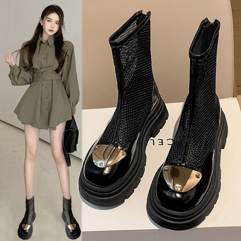 Giày Bốt Martin Mỏng Đế Dày Tăng Chiều Cao Phối Lưới Thoáng Khí Thời Trang Mùa Hè 2023 Phong Cách Mới Cho Nữ