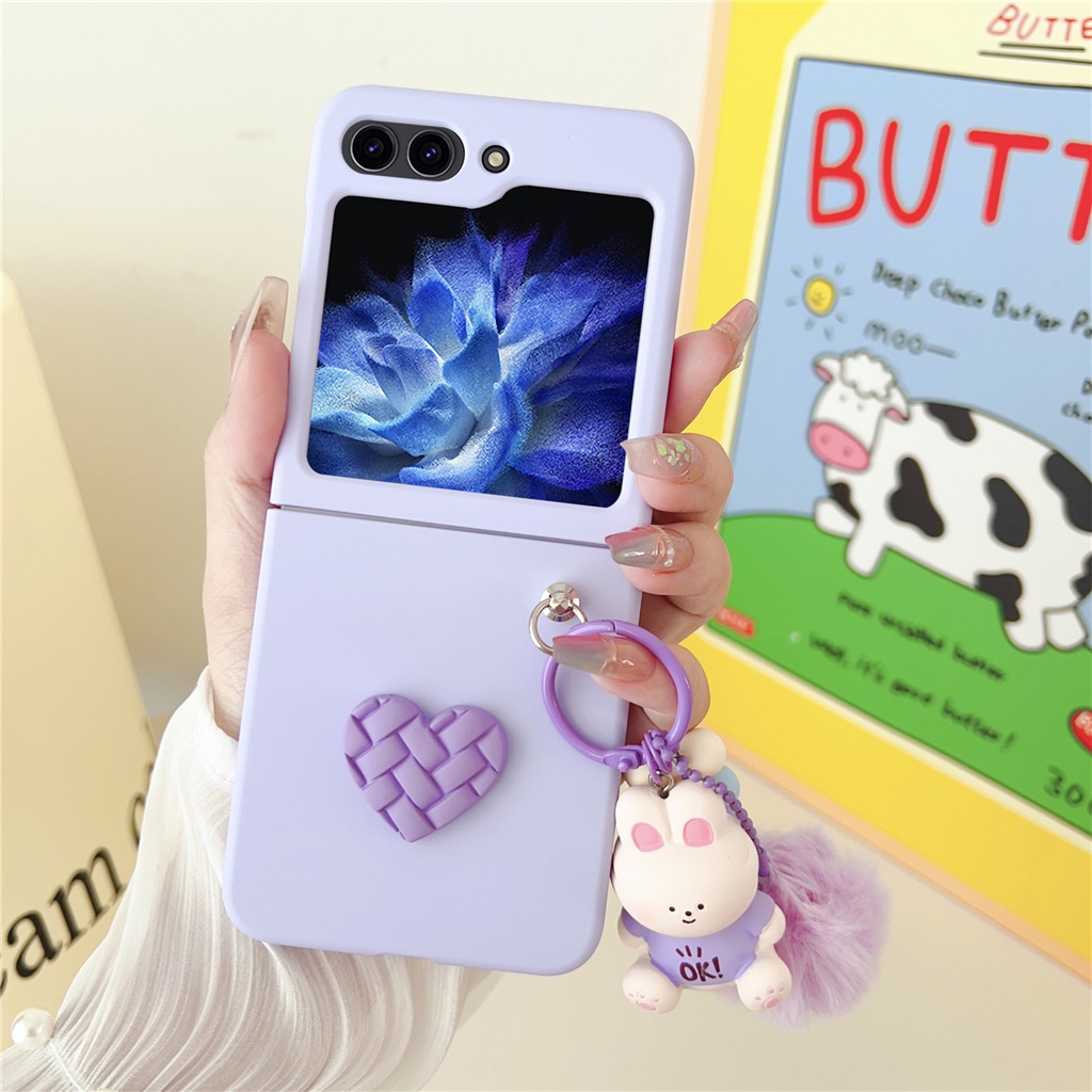 Ốp Điện Thoại Màu Trơn Gắn Quả Bông Hình Mèo / Cún / Thỏ Dễ Thương Cho Samsung Z Flip 5 Z Flip5 Zflip5