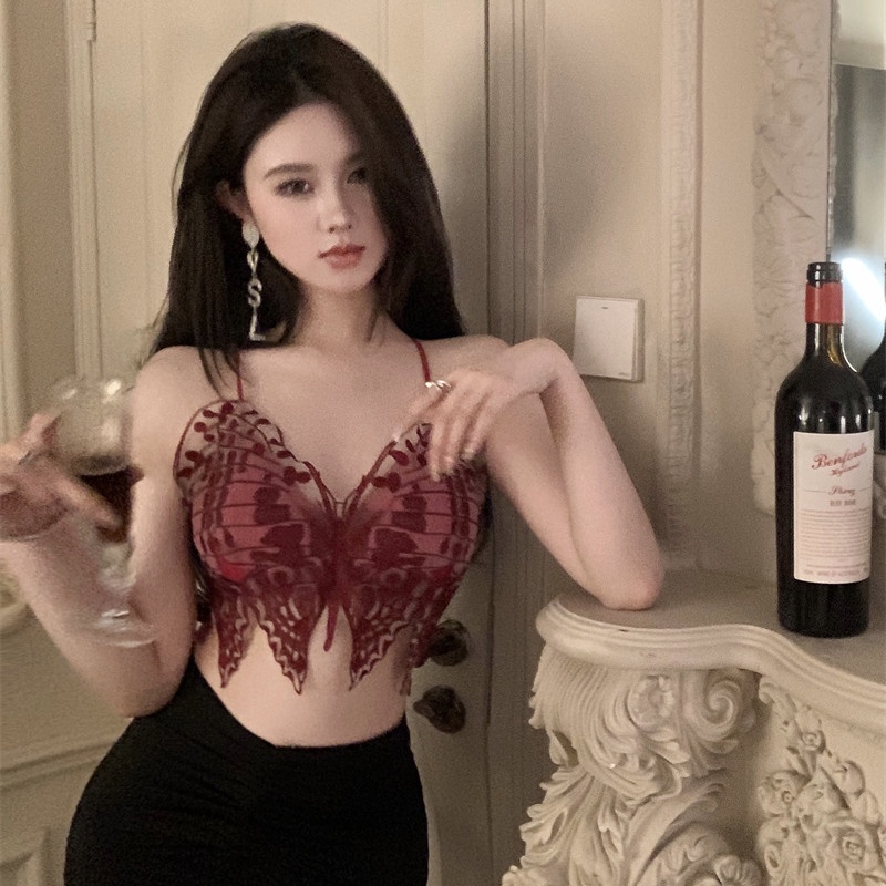 Áo Hai Dây Cổ Chữ V Thêu Hình Bướm Phong Cách Công Nghiệp Gợi Cảm