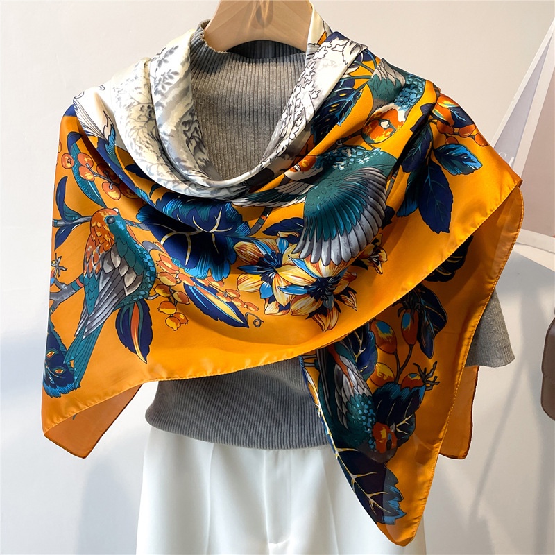 Khăn Choàng Vuông Cỡ Lớn 110cm Bằng Satin Họa Tiết Hoa Và Chim Thời Trang Mùa Hè