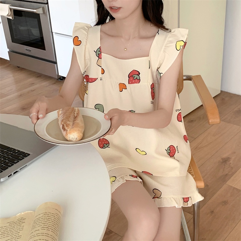 Đồ ngủ Phối Ren Họa Tiết Dâu Tây Đơn Giản Phong Cách Hàn Quốc Thời Trang Mùa Hè Hàng Mới Dành Cho Bạn Nữ