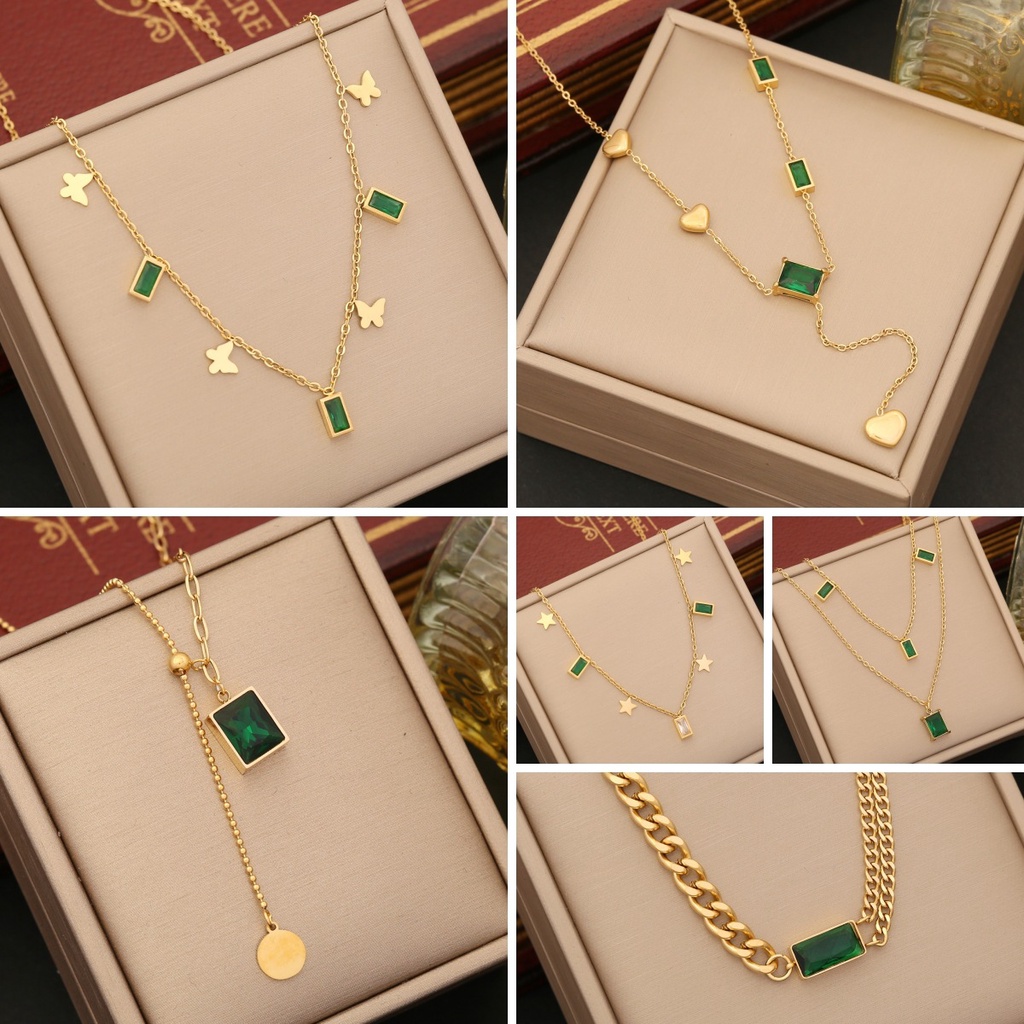 Vòng cổ Mặt Vuông Bằng Thép Không Gỉ Đính Ngọc Lục Bảo Phong Cách Âu Mỹ Thời Trang