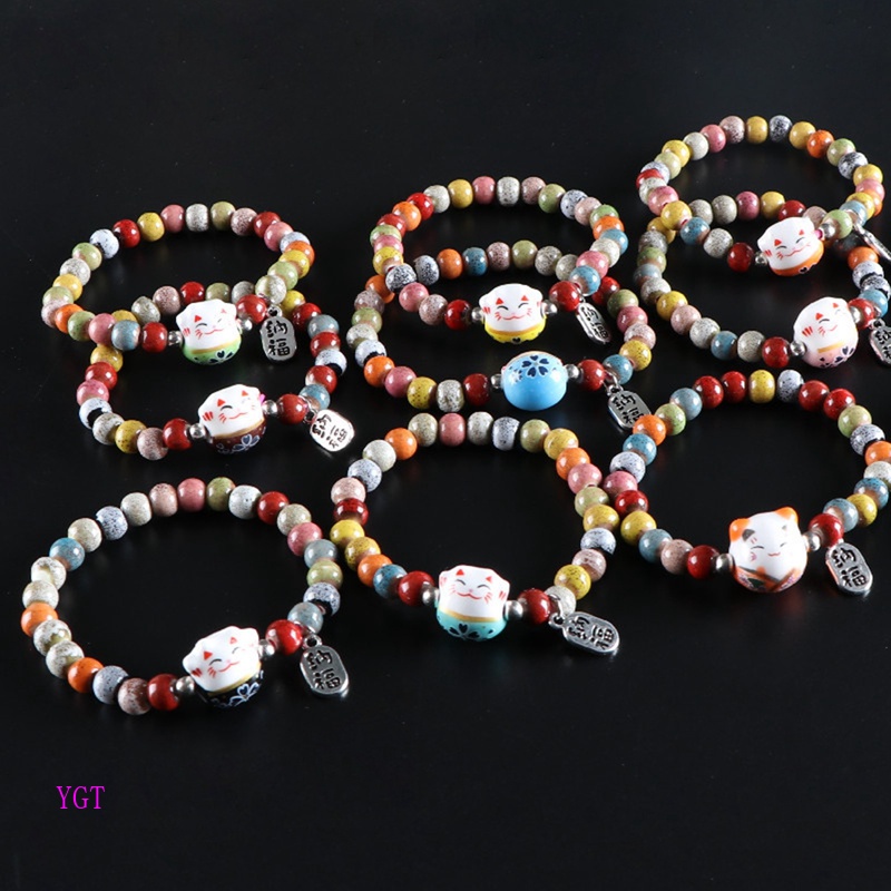 Ygt Vòng Tay Chuỗi Hạt Gốm Hình Mèo May Mắn Nhiều Màu Sắc Dễ Thương Có Thể Điều Chỉnh Phong Cách Harajuku
