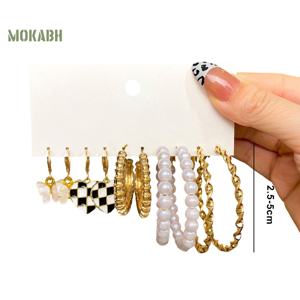 Set 5 Đôi Bông Tai Dạng Vòng Hình Học Họa Tiết Bướm / Trái Tim / Ngọc Trai Giả Màu Trắng Đen Thời Trang Cho Nữ