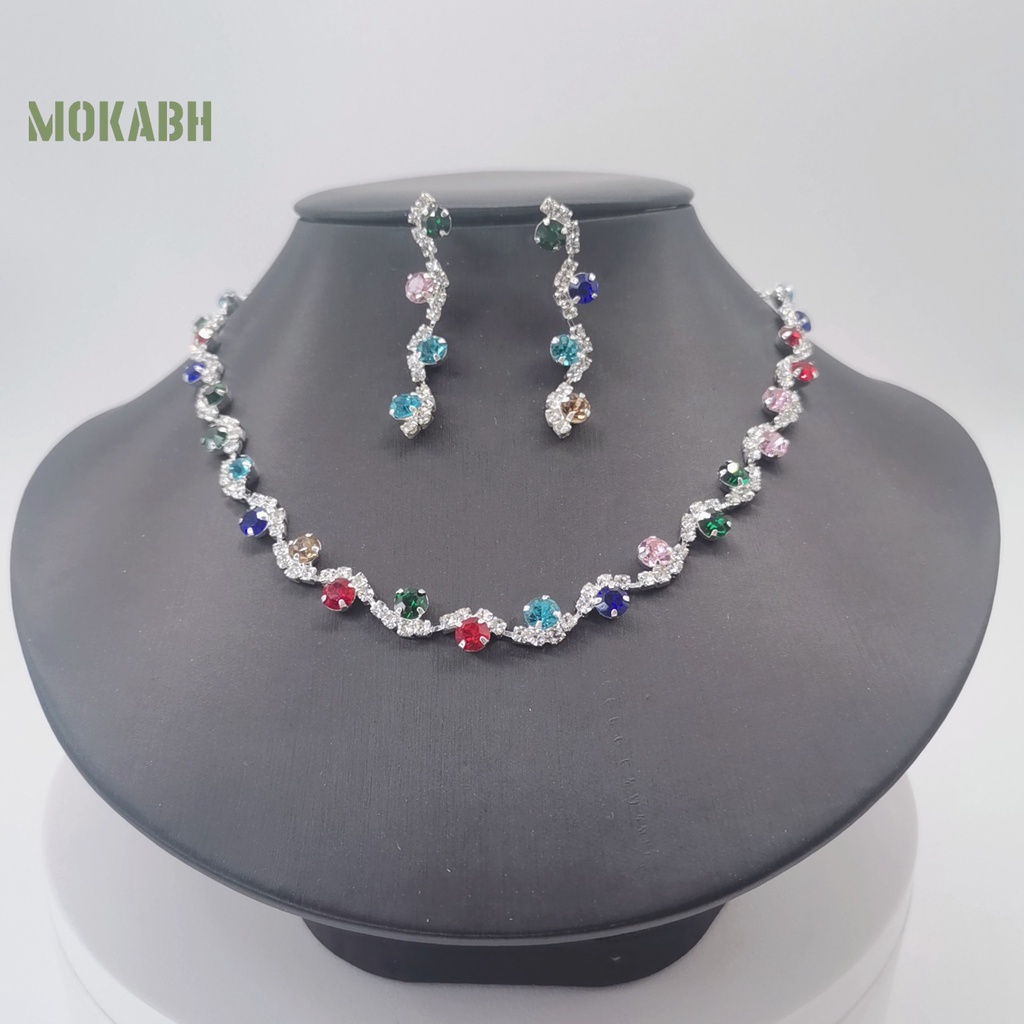 1 Bộ Vòng cổ + Bông Tai Đính Kim Cương Giả Lấp Lánh Kiểu Hình Học Cho Nữ