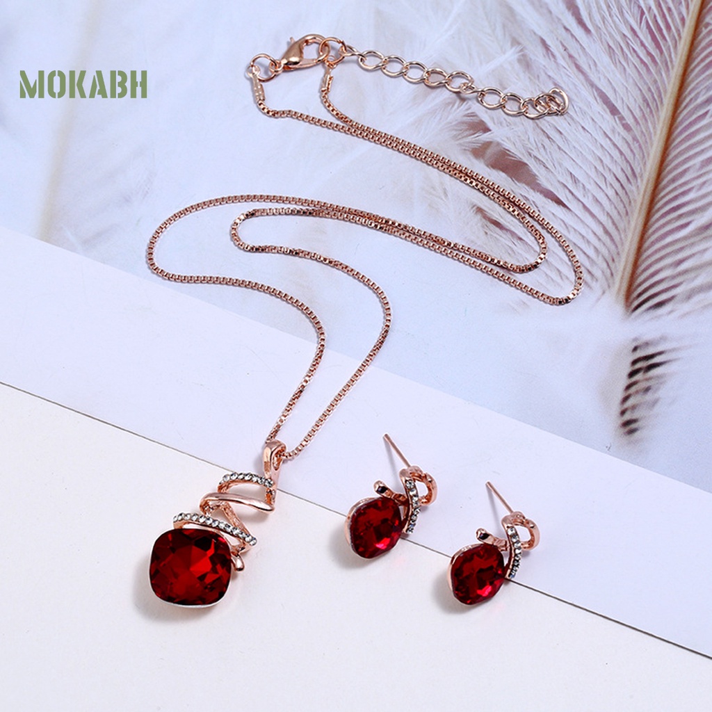 1 Bộ Vòng cổ + Bông Tai Hình Học Xoắn Đính Đá Màu Đỏ Thời Trang Dành Cho Nữ