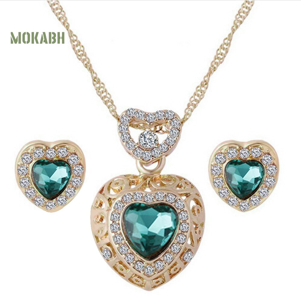 Bộ Trang Sức Gồm Vòng cổ / Bông Tai Bằng Hợp Kim Hình Trái Tim Đính Đá Thời Trang Cho Nữ