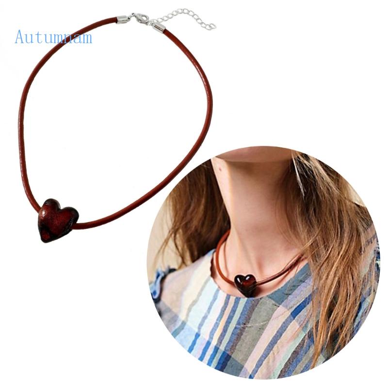 Dây Chuyền Choker Chất Liệu Da Mặt Hình Trái Tim Màu Đỏ