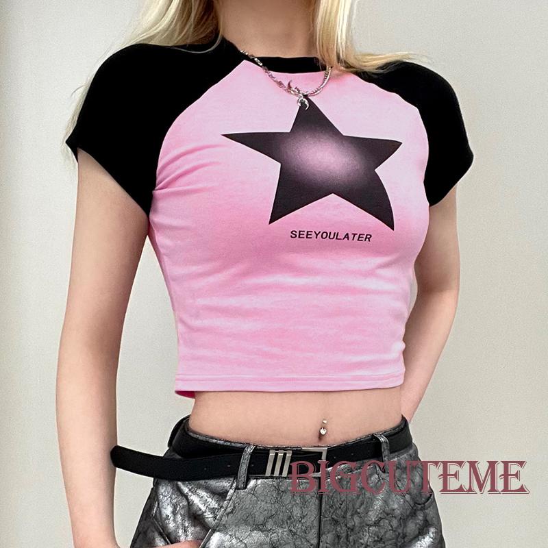 Áo Thun Crop Top Tay Ngắn In Chữ / Ngôi Sao Màu Sắc Tương Phản Thời Trang Cho Nữ