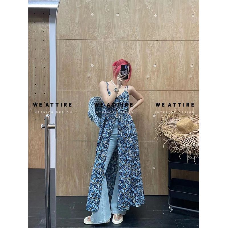 [F &amp; X] Niche Đầm Hai Dây Dài Đến Giữa Eo Dáng Ôm In Hoa Thời Trang Mùa Hè Pháp Cổ Điển Khí Chất Dành Cho Bạn Nữ Uni