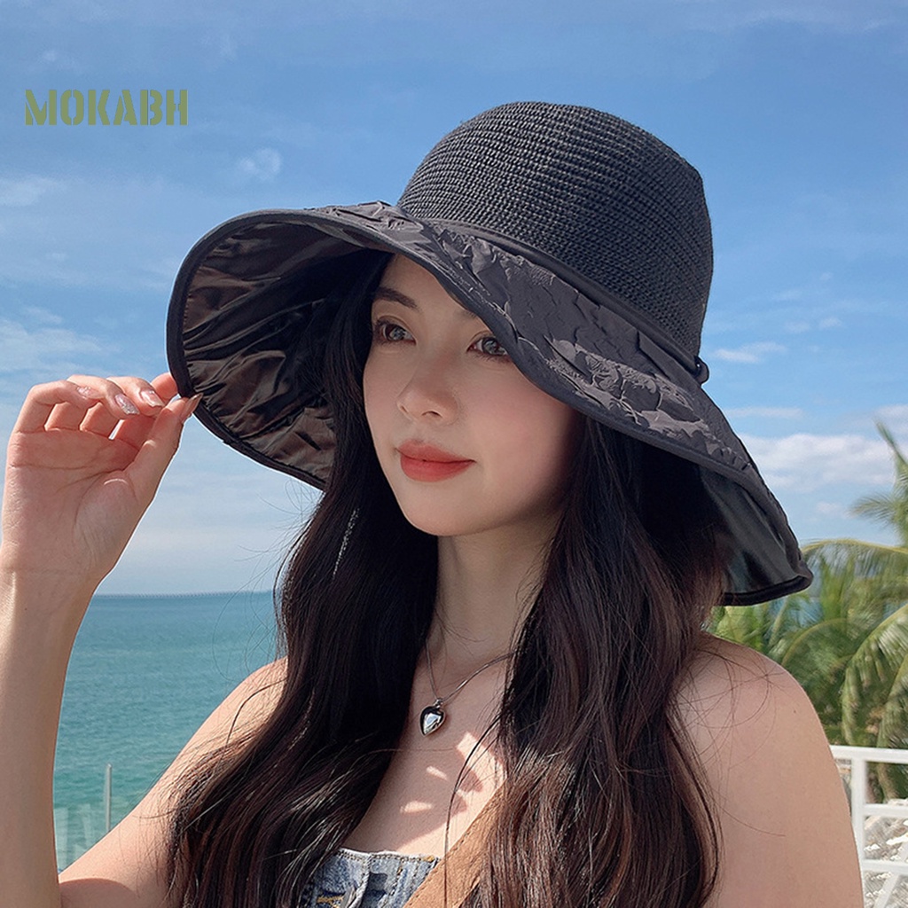 [Mok Abh] Mũ Ngư Dân Dệt Kim Vành Rộng Thắt Nơ Thoáng Khí Chống Nắng Đi Biển Mùa Hè Cho Nữ
