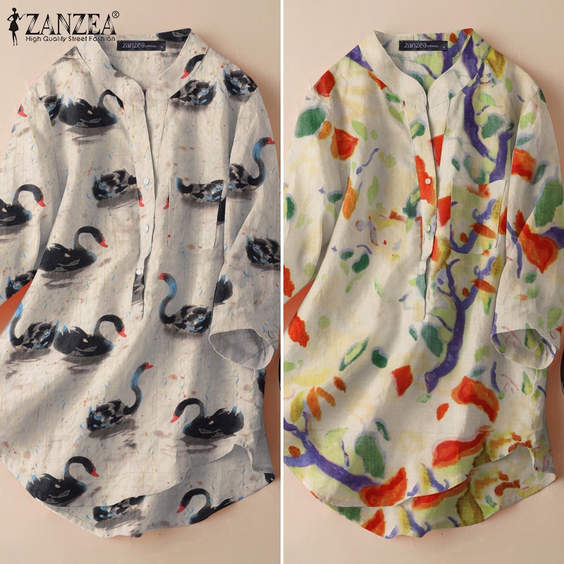 ZANZEA Áo Sơ Mi Tay Lỡ 3 / 4 Cổ Tròn Form Rộng Cài Nút Thời Trang Cho Nữ