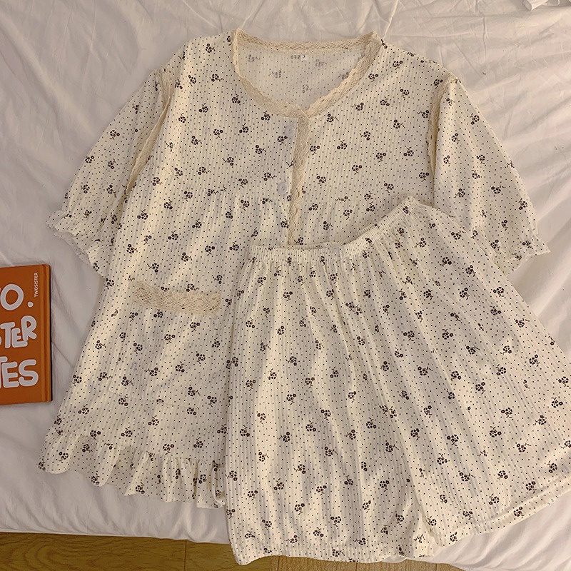 Bộ Đồ Ngủ Ngắn Tay Viền Ren Phong Cách Pháp Ngọt Ngào Mới Cho Nữ