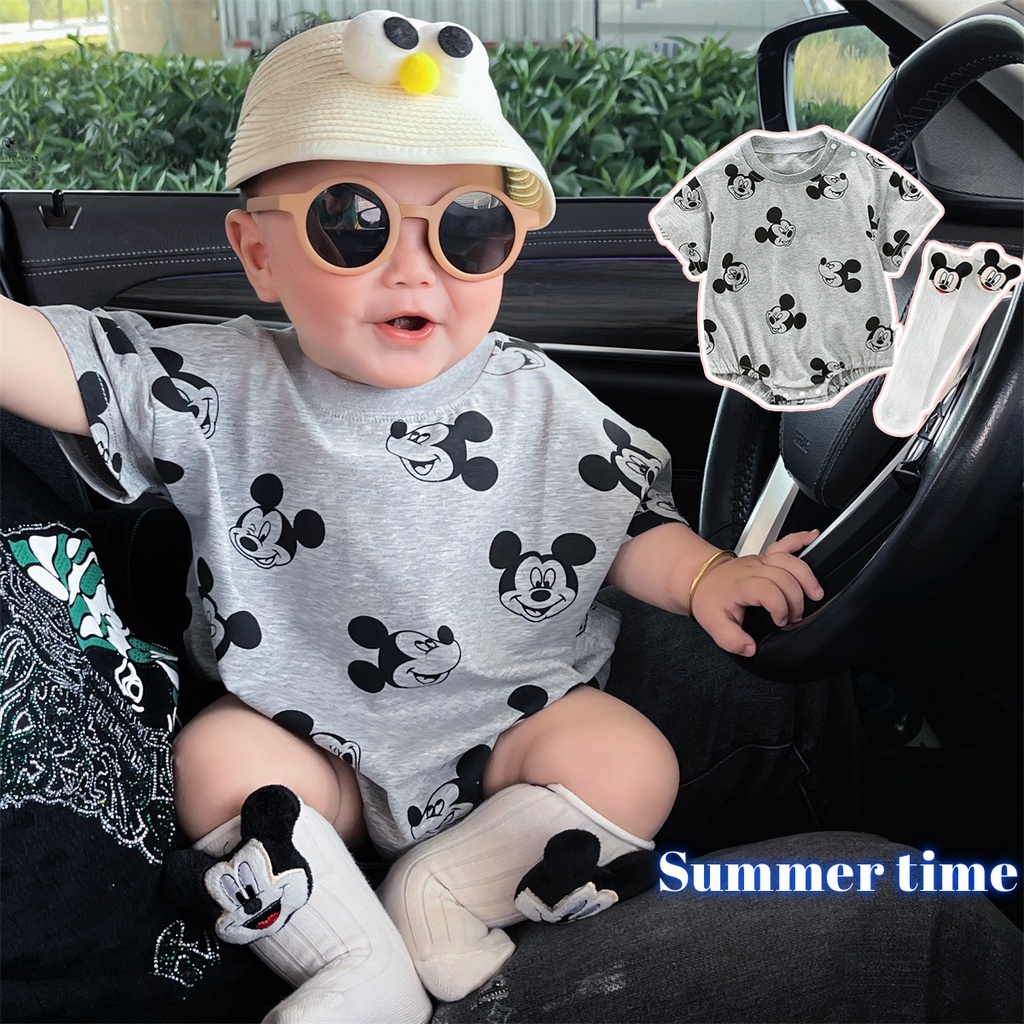 Bộ Áo Liền Quần + Vớ Bằng Cotton Tay Ngắn In Hoạt Hình Dành Cho Bé Trai Gái 0-24 Tháng Tuổi