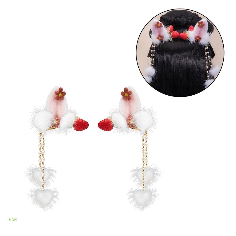 Kẹp Tóc Tua Rua Hình Tai Thỏ / Dâu Tây Đáng Yêu Chống Trượt