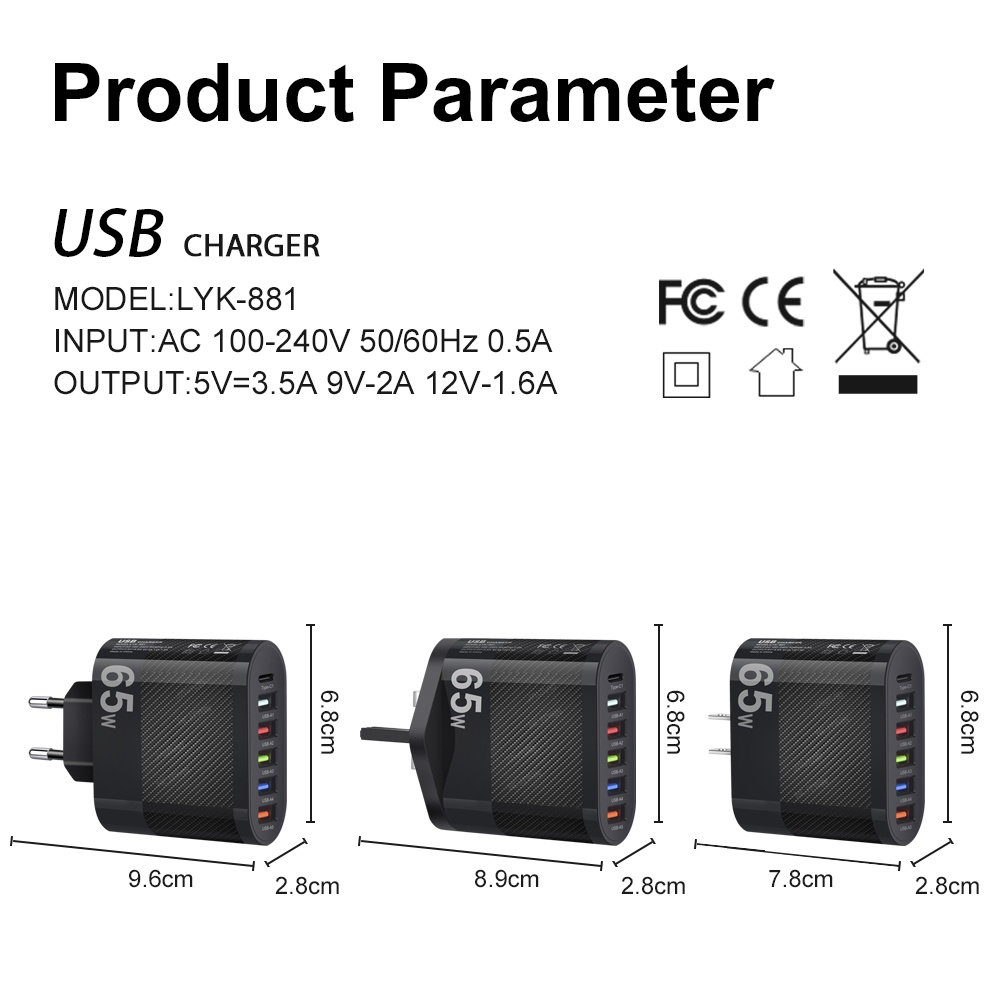 Tẩu Sạc Nhanh 5 Cổng USB Type C 65W PD QC Thông Minh Có Màn Hình Hiển Thị