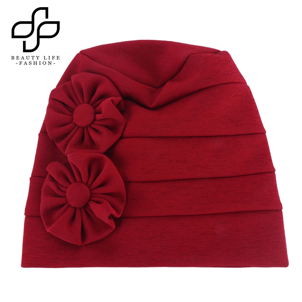 Mũ Beanie Trùm Đầu Bằng Vải Lanh Pha Mềm Co Giãn Màu Trơn Gắn Hoa Thời Trang Cho Nữ