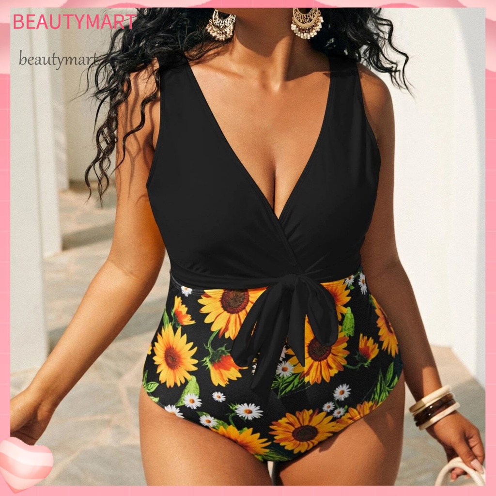 [beautymart] Bộ Đồ Bơi Một Mảnh Cổ Chữ V Khoét Sâu In Họa Tiết Hoa Hướng Dương Quyến Rũ Dành Cho Nữ