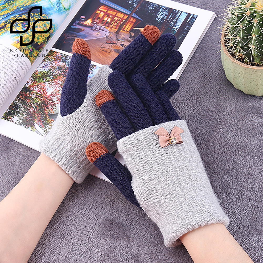 Đôi Găng Tay Len Hở Ngón Gắn Nơ Có Thể Dùng Màn Hình Cảm Ứng Thời Trang Cho Nữ