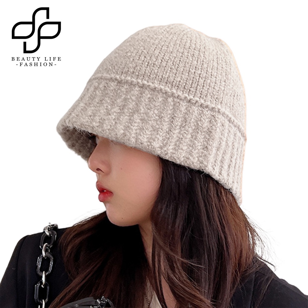 Nón Bucket Dệt Kim Màu Trơn Co Giãn Thời Trang Thu Đông Dành Cho Nữ