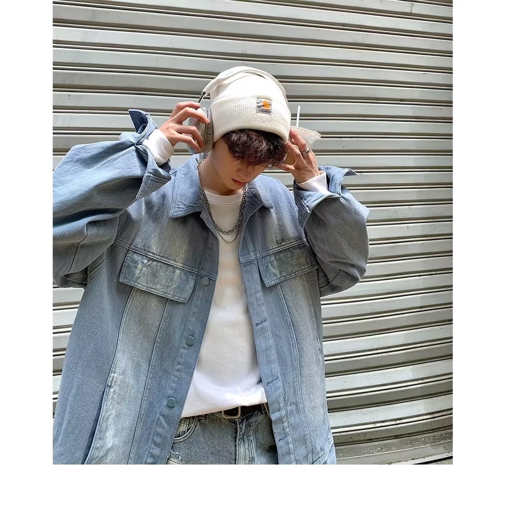 Áo Khoác Denim Dáng Rộng Màu Sắc Cà Phê Phong Cách Retro Đường Phố Cho Nam Giới