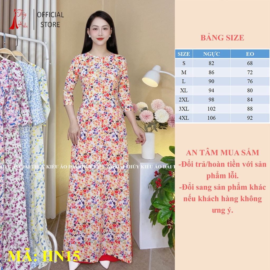 Áo dài truyền thống HN15 hoa nhí vải lụa nhật cổ tròn tay lỡ may sẵn đồng phục hội họp đám cưới , sự kiện