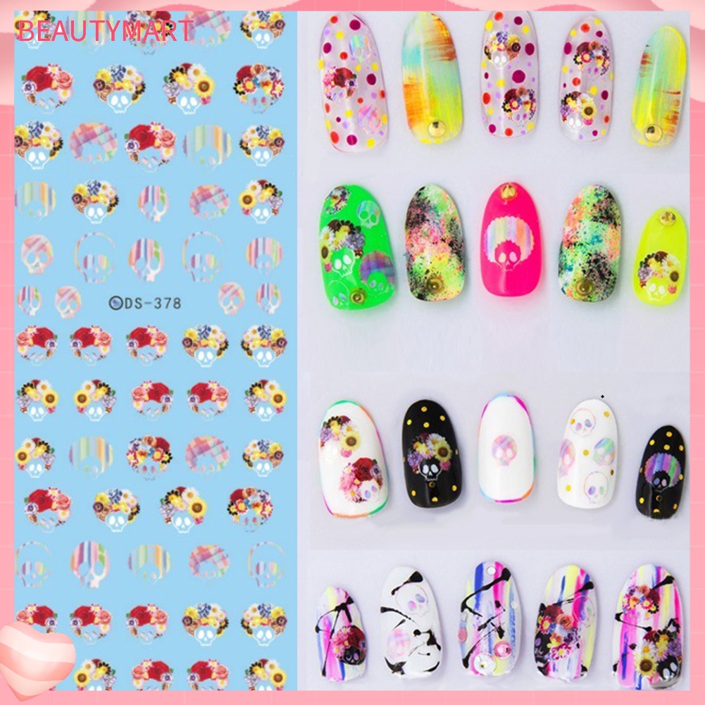 Miếng Dán Trang Trí Móng Tay Chuyển Nước Họa Tiết Mèo Và Đầu Lâu Phong Cách Harajuku