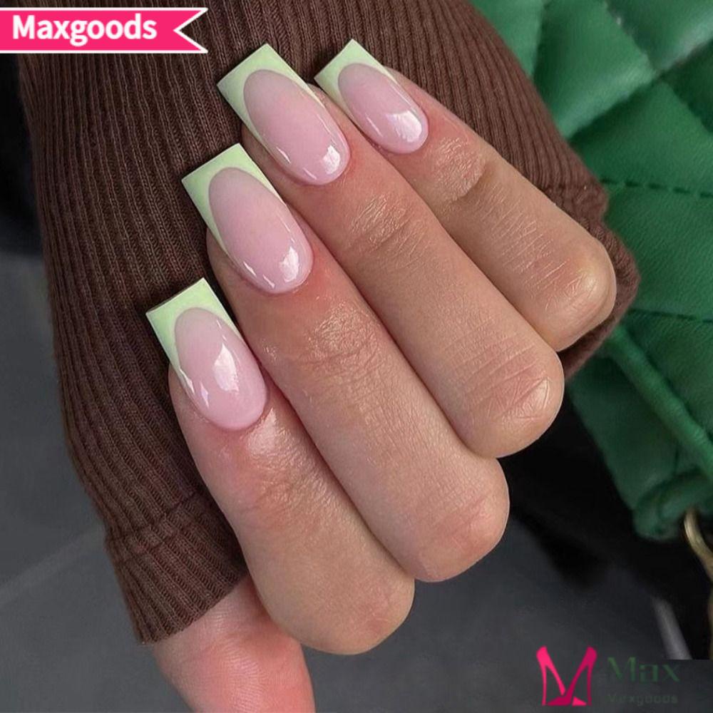 Bộ 24 Móng Tay Giả Dạng Nhấn Viền Xanh Lá Kiểu Pháp