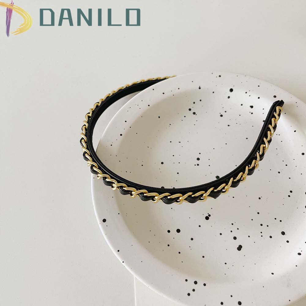 Danilo Băng Đô Dây Xích PU Cá Tính|Dây Buộc Tóc Da PU Màu Đen Phối Xích Kim Loại Thời Trang Cho Nữ