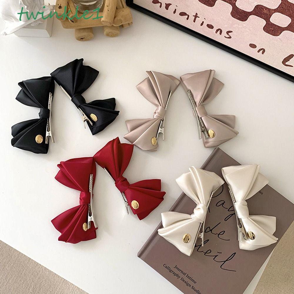 Set 2 Kẹp Tóc Nơ Vải Satin Lấp Lánh Phong Cách Retro Cho Nữ