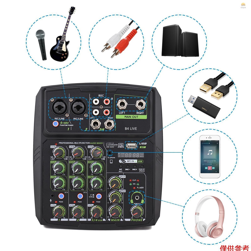 Bảng Điều Khiển Âm Thanh 4 Kênh Tích Hợp Đèn LED Kết Nối USB BT 2 Băng Tần EQ