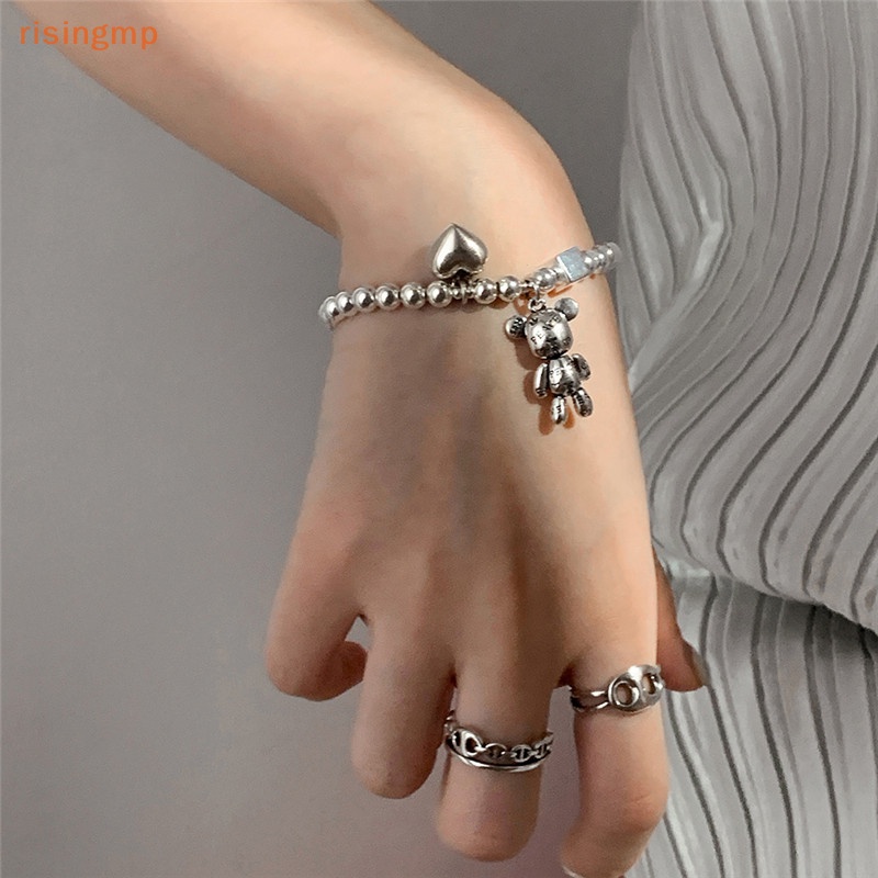 Vòng Tay Chuỗi Hạt Màu Bạc Mặt Hình Gấu Dễ Thương Phong Cách Punk