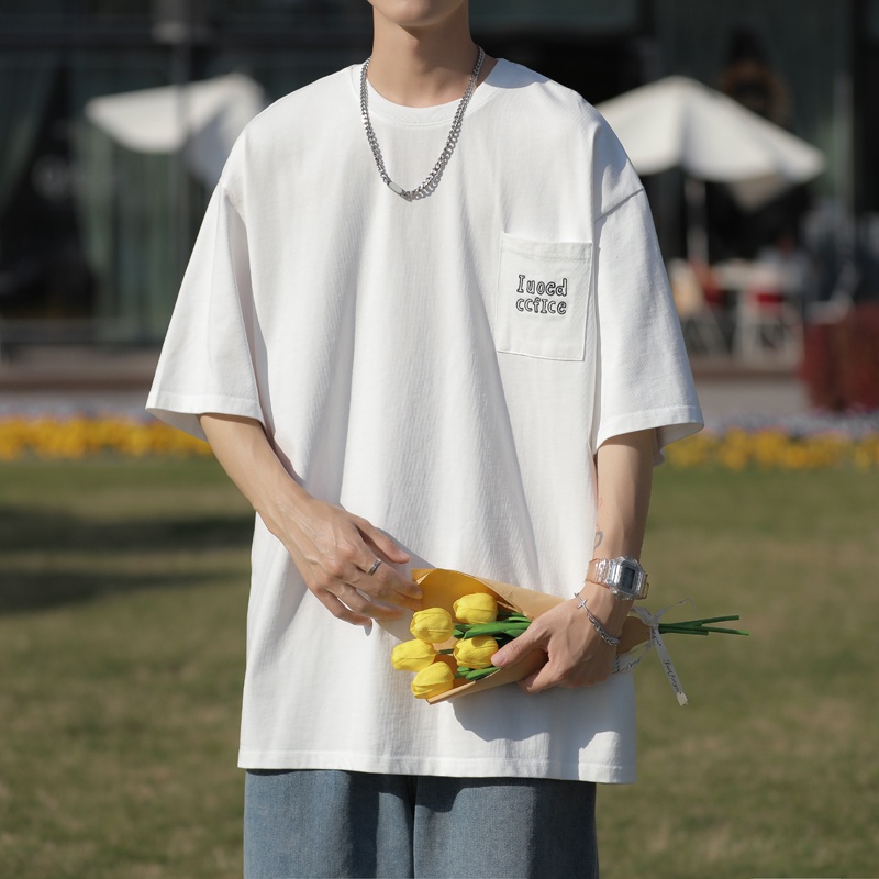 Áo Thun Ngắn Tay Dáng Rộng Phối Túi Phong Cách Đường Phố Nhật Bản Thời Trang Mùa Hè Cho Nam
