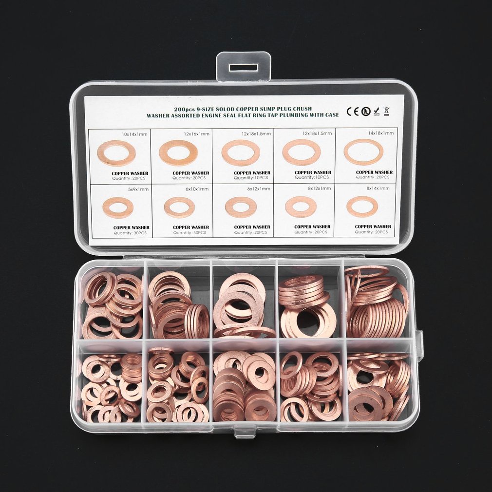 200Pcs Solid Copper Washer M5-M14 Flat Ring Sump Plug Seal Assorted Set Box Electrical Conductivity Thermal [Q/13]