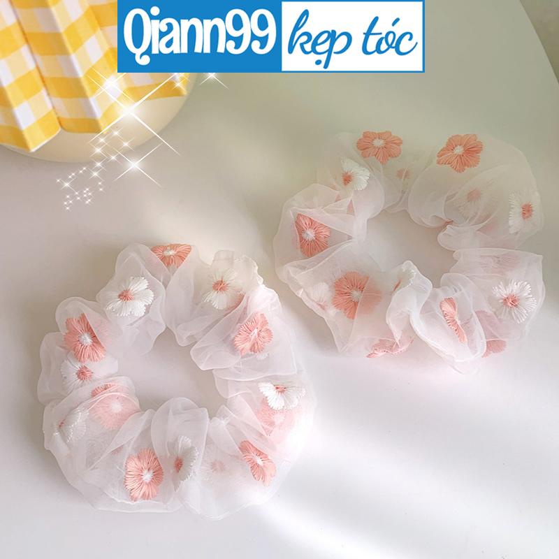 Dây Buộc Tóc Lưới Thêu Hoa Cúc Nhỏ Màu Xanh Dương Dễ Thương Phong Cách Hàn Quốc