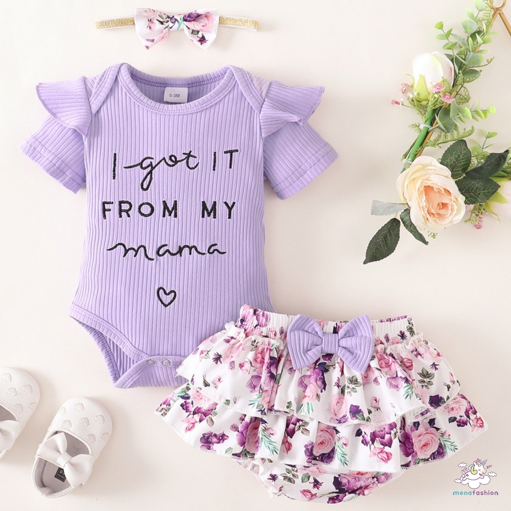 Bộ Áo Liền Quần Tay Ngắn In Chữ Gân + Quần Sooc Hoa Nhiều Lớp + Băng Đô Cài Tóc Thời Trang Cho Bé Gái