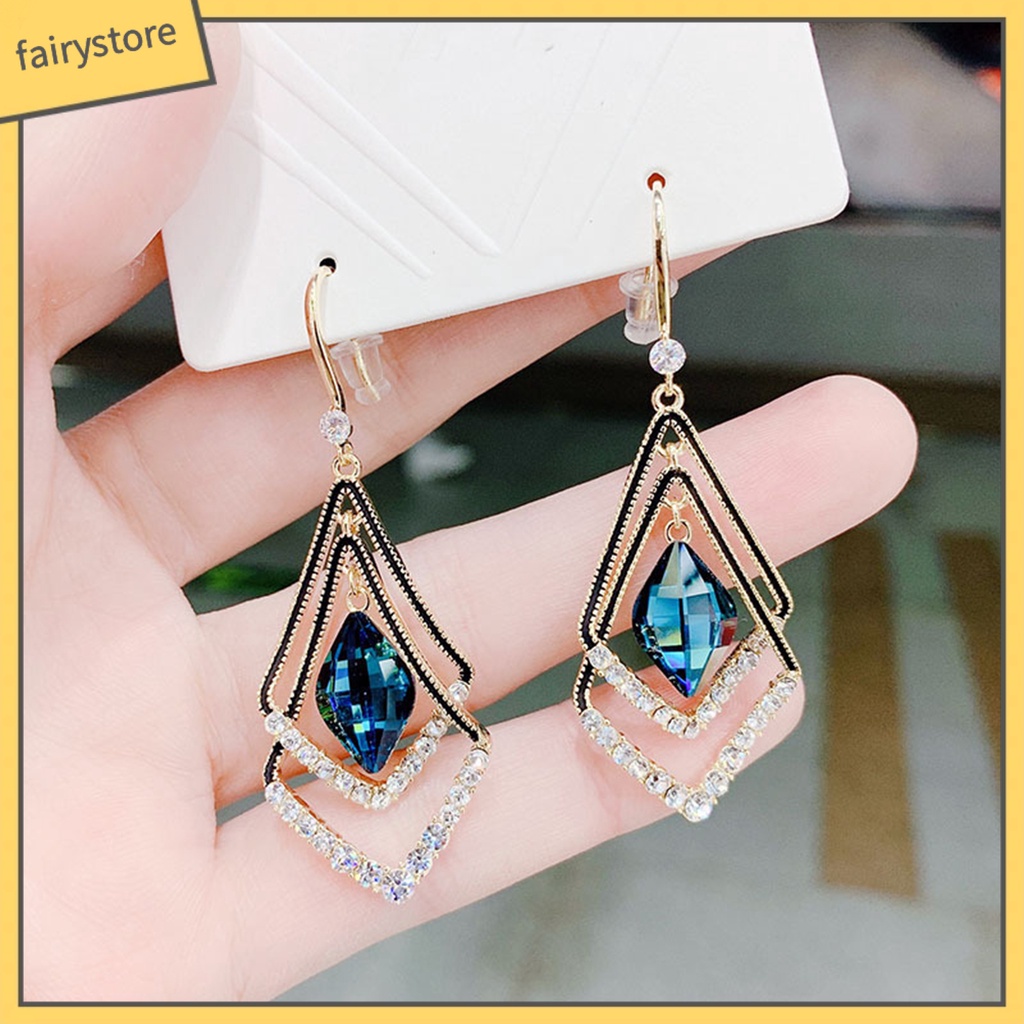 1 Đôi Bông Tai Hình Thoi Hai Lớp Đính Đá Lấp Lánh Dành Cho Nữ