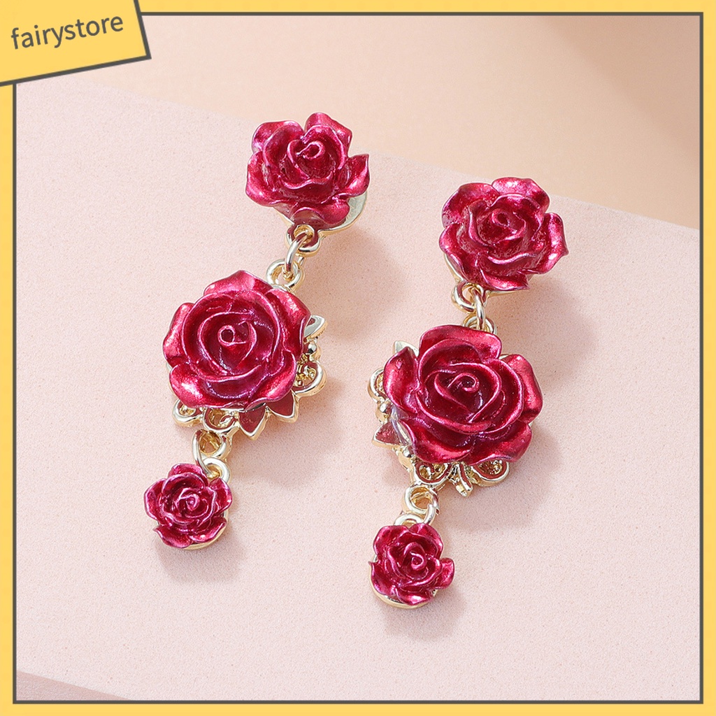 1 Đôi Bông Tai Hợp Kim Hình Hoa Hồng Đính Đá Phong Cách Retro