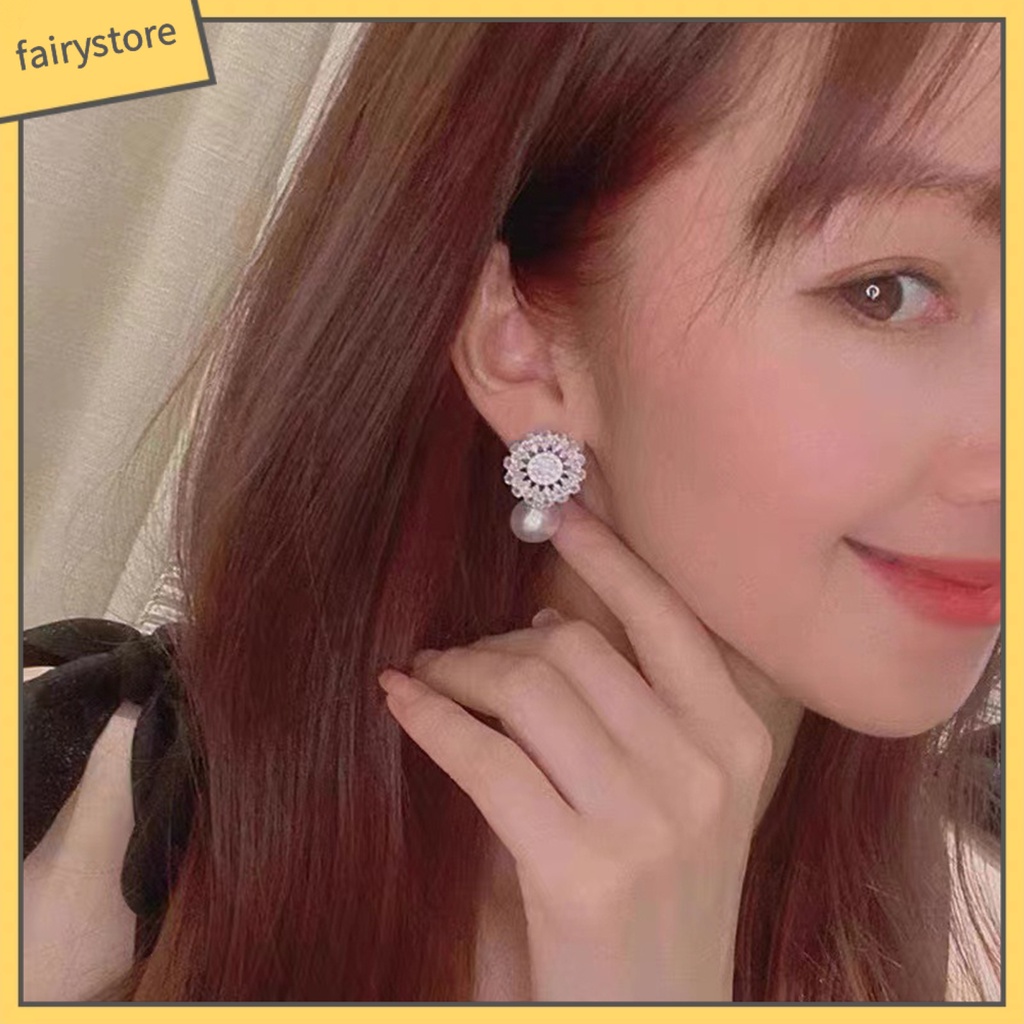 1 Đôi Bông Tai Dáng Dài Đính Đá Zircon Giả Hình Học Đính Ngọc Trai Thời Trang