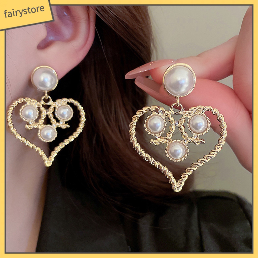 1 Đôi Bông Tai Hình Trái Tim Đính Ngọc Trai Giả Phong Cách Cung Điện
