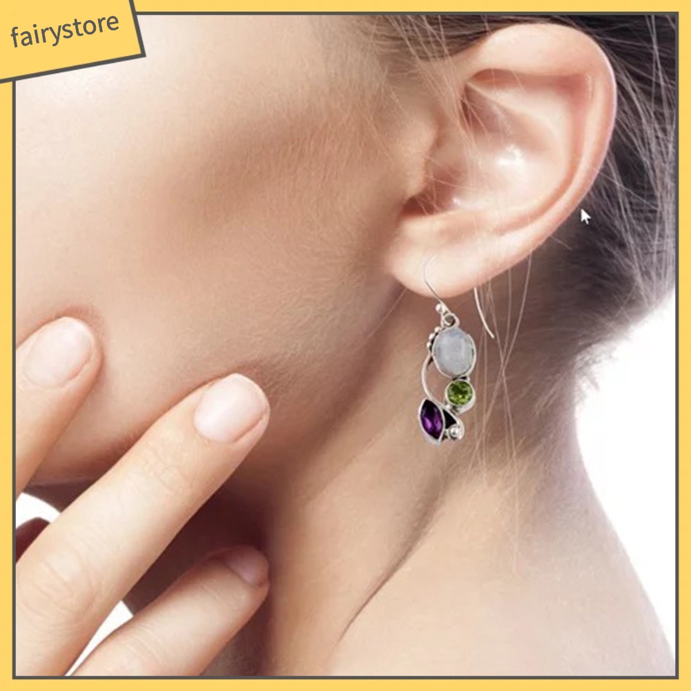 Khuyên Tai Móc Lủng Lẳng Đính Đá Ngọc Lục Bảo Nhân Tạo Tròn Cổ Điển [FRO]