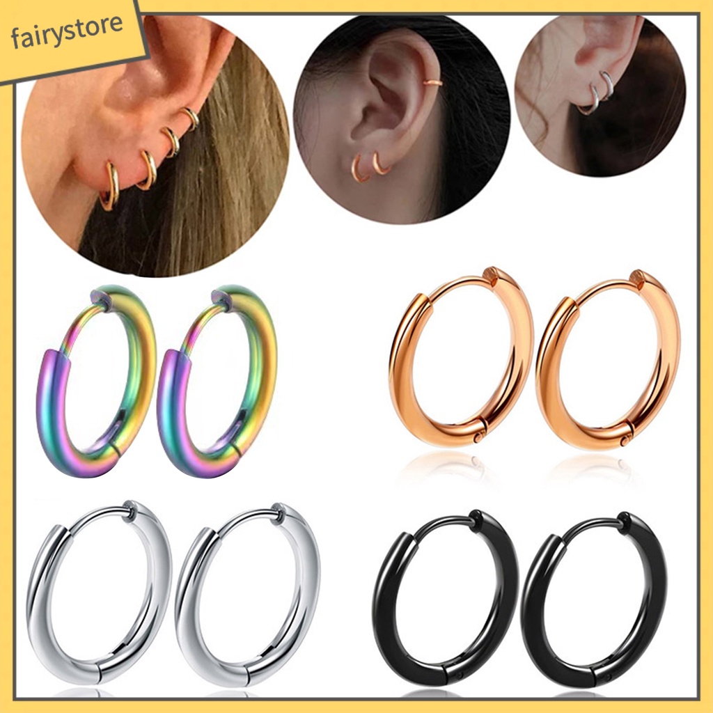 1 Đôi Bông Tai Tròn Bằng Thép Không Gỉ Màu Bạc Bóng Thanh Lịch Thời Trang