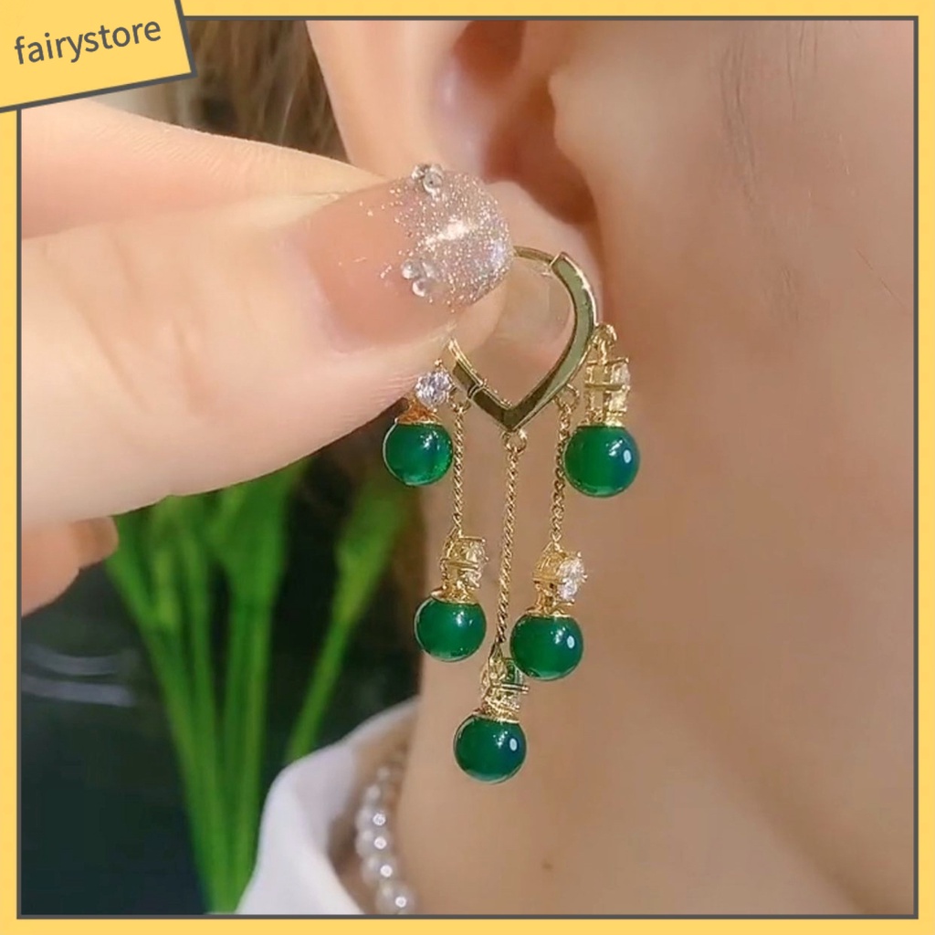 [FRO] 1 Đôi Bông Tai Thời Trang Bắt Mắt Mạ Vàng Ngọc Lục Bảo Tua Rua Đánh Bóng Tinh Tế Màu Xanh Lá Cây Nhân Tạo