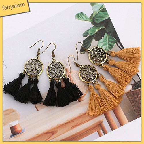 Bông Tai Dáng Dài Phối Tua Rua Phong Cách Vintage Cho Nữ