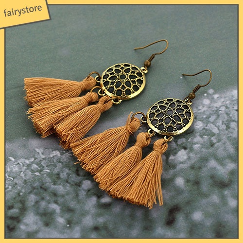 Bông Tai Dáng Dài Phối Tua Rua Phong Cách Vintage Cho Nữ